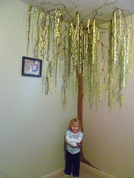 Willow Tree Wall Painting, Painting A Tree On A Wall, Tree Ceiling Design, 3d Tree Painting, Enchanted Forest Room, Willow Decor, Willow Tree Tattoo, Ribbon Leaves, Nursery Tree