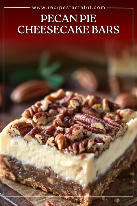 These Pecan Pie Cheesecake Bars are a delightful dessert that combines the creamy richness of cheesecake with the sweet, nutty flavors of pecan pie. With a buttery graham cracker crust and a luscious topping, these bars are perfect for any occasion and are sure to impress your family and friends! Pecan Pie Cheesecake Bars Recipe, Pecan Pie Cheesecake Bars, Pecan Cheesecake Bars, Pecan Pie Cheesecake Recipe, Pecan Pie Cheesecake, Pecan Cheesecake, Treat Bar, Cheesecake Bar Recipes, Pie Cheesecake