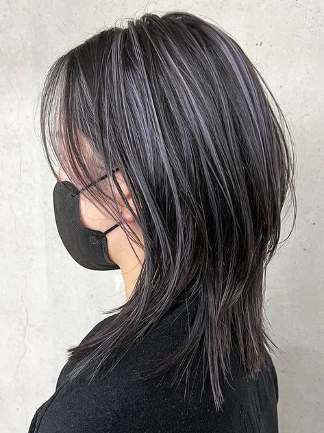 Purple Highlight On Black Hair, Black Hair Blonde Highlights Short, Baby Lights Black Hair, Platinum Highlights On Black Hair, Wolfcut Highlights, Grey Highlights On Black Hair, Wolf Cut Highlights, Baby Highlights Dark Hair, Black Hair With Grey Highlights