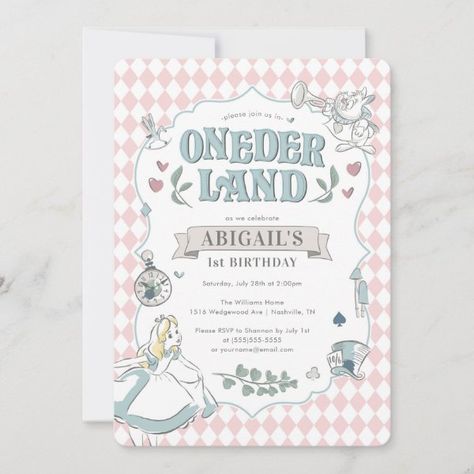 Alice in Wonderland | Onederland First Birthday Invitation Vintage Birthday Invitations, Alice In Wonderland 1, Alice In Wonderland Invitations, Wonderland Invitation, Alice In Wonderland Tea Party Birthday, Birthday 1st, Onederland Birthday Party, Alice In Wonderland Birthday, 2nd Birthday Invitations