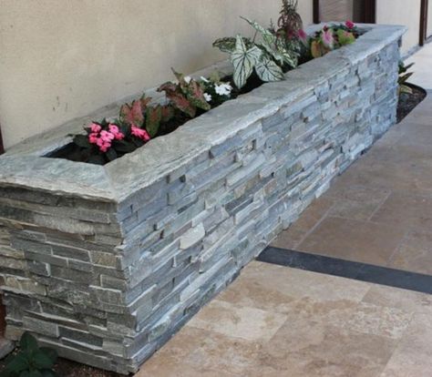 Hardscaping with Natural Stone Brick Planter, Stacked Stone Panels, Sierra Blue, Metal Garden Beds, Stone Planter, Modern Backyard Landscaping, Stone Planters, Stone Panels, Modern Backyard