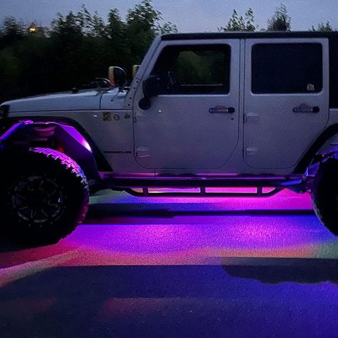 Led Lights Car Aesthetic, White Lifted Truck With Pink Lights, Led Light Car Interior, Led Truck Lights, Jeep Interior Lights, Lifted Trucks Aesthetic, Led Lights For Car, Under Car Lights, Led Lights Under Car