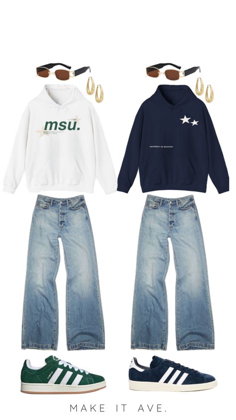 two outfits in collage style. The first fit is a white Michigan state university hoodie with a star design and green lettering, paired with baggy jeans, small rectangle gold rim glasses and green adidas campus shoes. The second outfit is a navy blue university of Michigan hoodie with 2 stars on the right chest, paired with the same baggy jeans and good rim rectangle glasses, along with navy blue adidas campus shoes. Michigan Vs Michigan State, University Of Michigan Campus, Trendy Outfits Inspiration, Top Summer Outfits, College Fits, Game Day Outfit, Michigan State University, College Hoodies, University Of Michigan