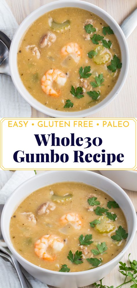 Packed with a paleo roux plus chicken, sausage, shrimp, vegetables, herbs, and a kick of spice, you’ll be left wanting more of this easy Whole30 Gumbo recipe. This healthy Louisiana gumbo recipe is perfect for cooler temperatures to warm you up! Whole 30 Gumbo, Whole30 Gumbo, Paleo Gumbo Recipe, Healthy Gumbo Recipe, Louisiana Gumbo Recipe, Paleo Gumbo, Louisiana Gumbo, Shrimp And Sausage Gumbo, Chicken And Sausage Gumbo