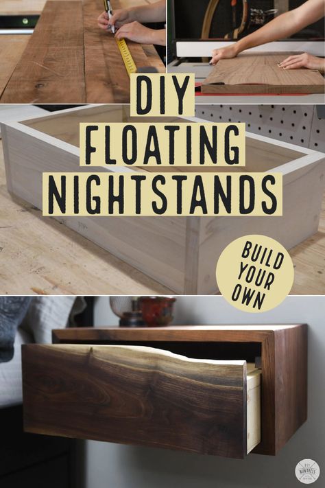 Live Edge Floating Nightstand, Diy Floating Nightstand With Drawer, Diy Floating Nightstand Bedside Tables, Live Edge Nightstand, Floating Bedside Table Diy, Diy Bedside Table Ideas, Diy Floating Nightstand, Floating Nightstand Diy, Cabin Bedrooms