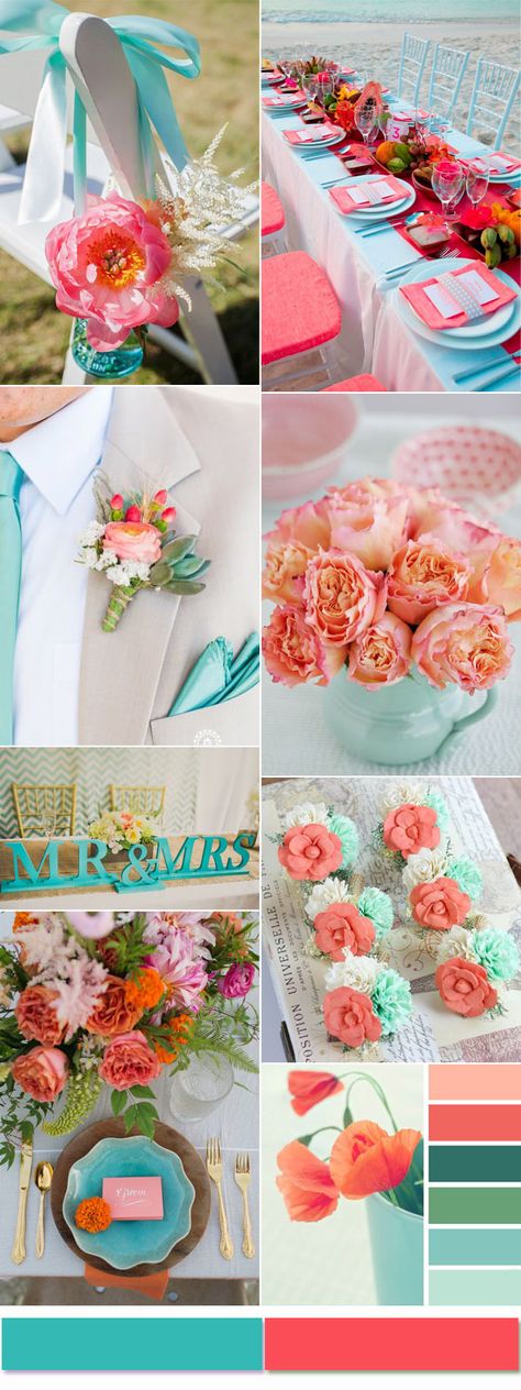 Perfect Turquoise and Coral Wedding Color Combination Ideas Wedding Colors With Turquoise, Aqua And Coral Wedding, Turquoise Wedding Colors, Turquoise And Coral Wedding, Coral And Teal Wedding, Turquoise Coral Weddings, Coral Wedding Colors, Coral Colors, Blue Diy