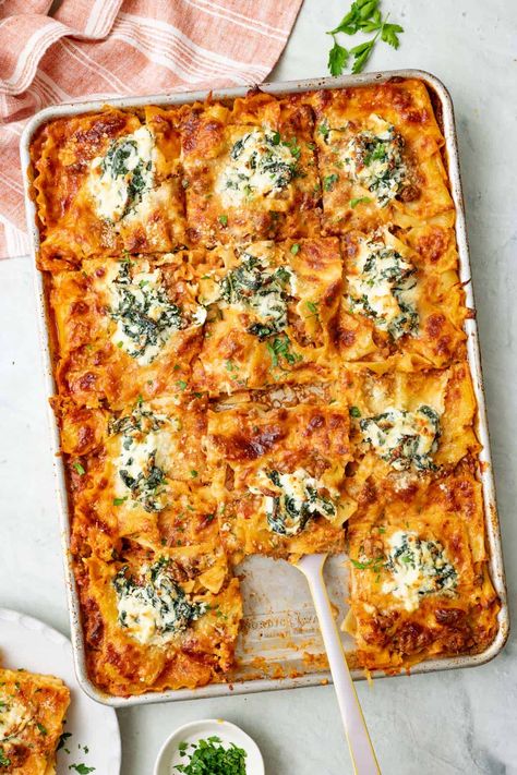 Pan Lasagna Recipe, Sheet Pan Lasagna, Pan Lasagna, Layered Pasta, Giada Recipes, Sheet Pan Dinners Recipes, Homemade Lasagna, Mild Italian Sausage, Color Sheets