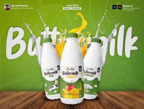 Packaging design for a milk bottle. Bottle Packaging Design, Bottle Packaging, Design Advertising, Milk Bottle, Photoshop Illustrator, Photoshop Adobe, Buttermilk, Label Design, Ui Design