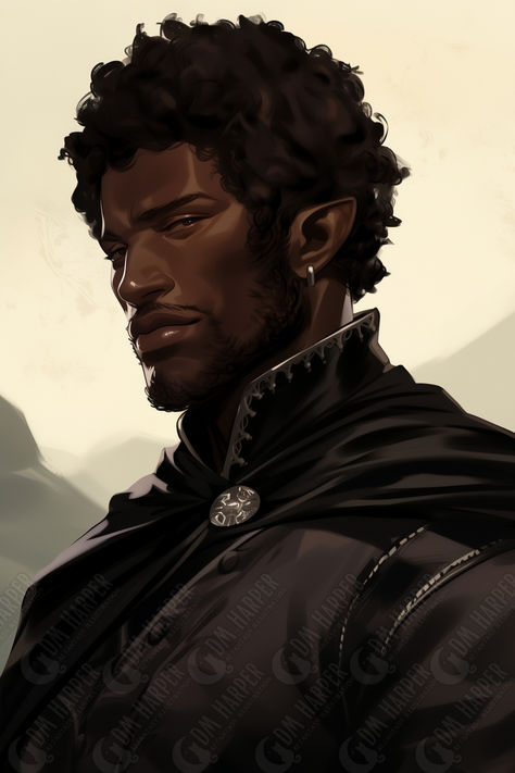 Xolkin Alassandar, lawful evil, male half-elf Zhentarim Captain Half Elf Character Design, Evil King Character Design, Black Elf Male, Male Elf Character Design, Half Elf Male, Afro Character, Evil Elf, Lawful Evil, Sun Elf