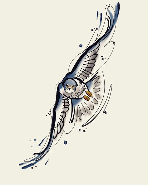 Tattoo featuring a peregrine falcon in flight, facing the viewer with wings spread diagonally Hawk Drawing Tattoo, Falcon Neck Tattoo, Peregrin Falcon Tattoo, Peregrine Falcon Tattoo Design, Cute Eagle Tattoo, Minimalist Hawk Tattoo, Falcon Tatoos, Small Hawk Tattoo, Drawing Falcon