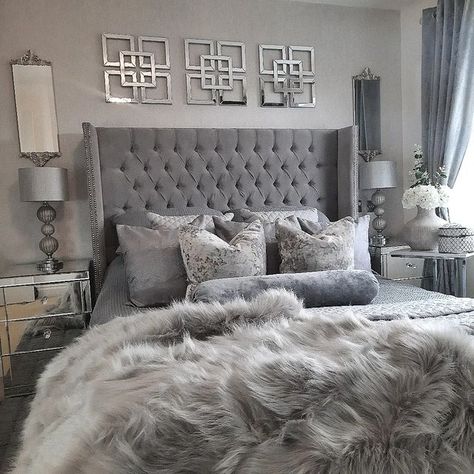 All Gray Bedroom, Gray Glam Bedroom, Dark Grey Room Ideas Bedroom, Portico Decor, Dark Grey Bedroom Ideas, Lsu Dorm, Virginia Apartment, Cream And Grey Bedroom, White And Silver Bedroom