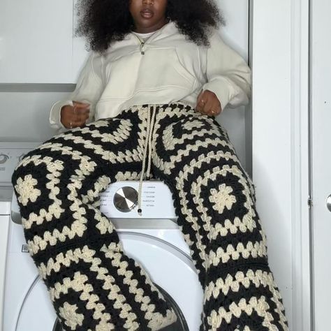 Bringing cozy vibes to the next level with these handmade, unisex crochet granny square pants 🖤🤍 Perfect for anyone who loves comfort with a twist of style. What do you think? ✨ #CrochetFashion #GrannySquarePants #UnisexStyle #HandmadeWithLove #nayspace Crochet Trousers Outfit, Crochet Square Clothes, Crochet Clothes Granny Square, Crochet Shorts Granny Square, Granny Square Crochet Pants, Things To Crochet For Men, Crochet Granny Square Shorts, College Crochet, Crochet Granny Square Pants