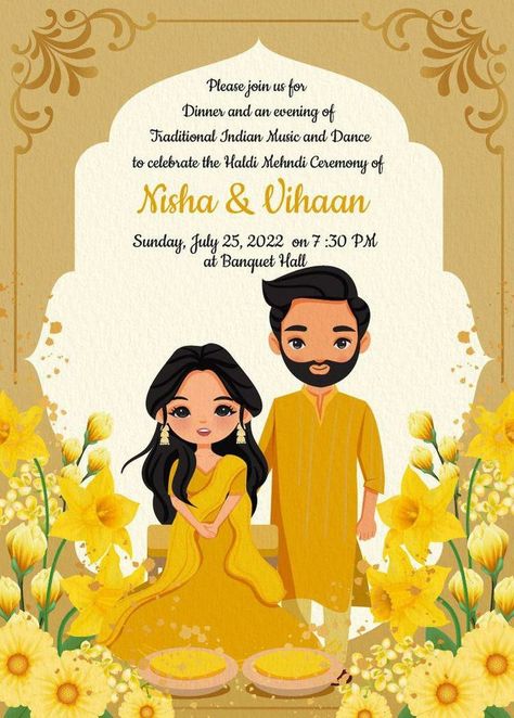 17/12/2023 HALDI Haldi Invitation, Groom Illustration, Blank Wedding Invitation Templates, Cartoon Wedding Invitations, Caricature Wedding Invitations, Bride And Groom Cartoon, Hindu Wedding Invitation Cards, Digital Wedding Invitations Design, Wedding Couple Cartoon