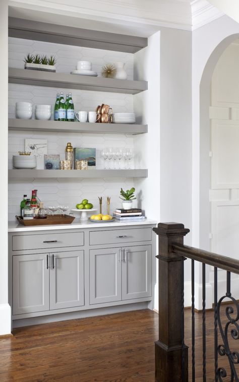 Built in cabinets with floating shelves Server With Floating Shelves, Base Cabinets With Floating Shelves, Built In Shelves Kitchen Nook, Built In Kitchen Shelving, Built In For Kitchen, Floating Shelves In Bar, Built In Shelves Kitchen Ideas, Built In Bar With Floating Shelves, Floating Shelves Cabinet