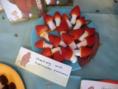 Strawberry Toadstools, Gruffalo Birthday Party, Gruffalo Activities, Julia Donaldson Books, Gruffalo Party, Graduation Food, Woodland Party Theme, Julia Donaldson, Wild Birthday Party