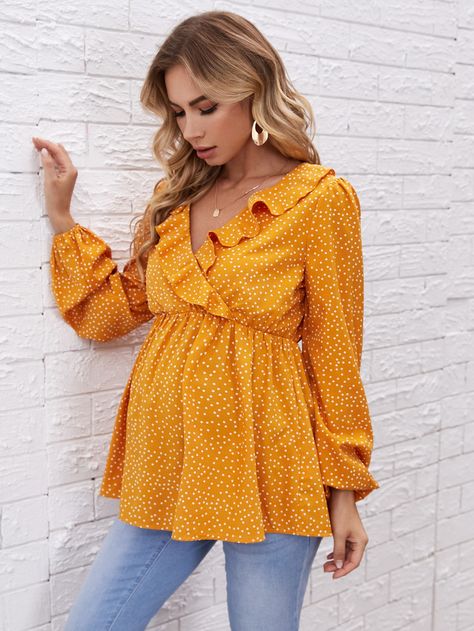 Yellow Boho  Long Sleeve Polyester Polka Dot Peplum  Non-Stretch Spring Maternity Office Outfit Business Casual, Trendy Office Outfits, Date Night Gift, Shein Maternity, Professional Work Outfit, Trendy Office, Boho Layering, Stylish Maternity Outfits, Thanks Giving