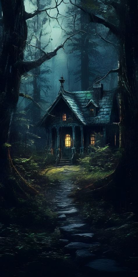 Magical Forest House, Dark Fantasy Forest Aesthetic, Forest Cottage Art, Deep Forest Painting, Dark Fantasy House, Fantasy Background Art, Dark Forest House, House In Forest Cottages, House In Dark Forest