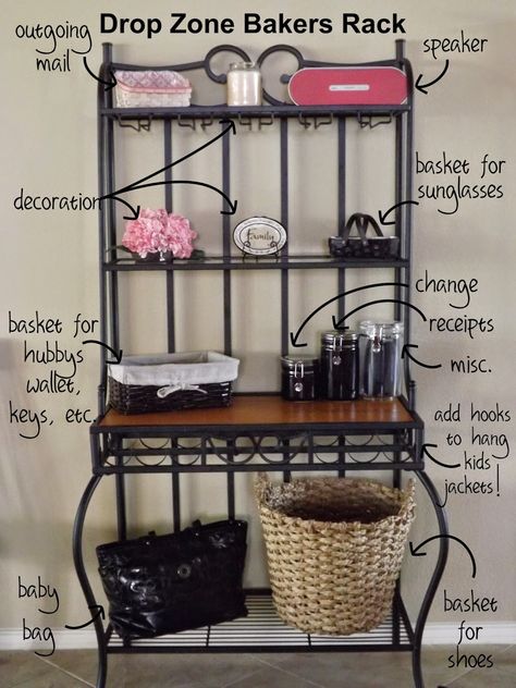 Using a Bakers Rack as a "Drop Zone." Way more functional than one that just holds decorations, but still attractive! Mudroom Drop Zone, Bakers Rack Decorating, Drop Zone Ideas, Bakers Rack Kitchen, Kentucky Fried Chicken, Living Pool, Bakers Rack, Drop Zone, Kitchen Organization