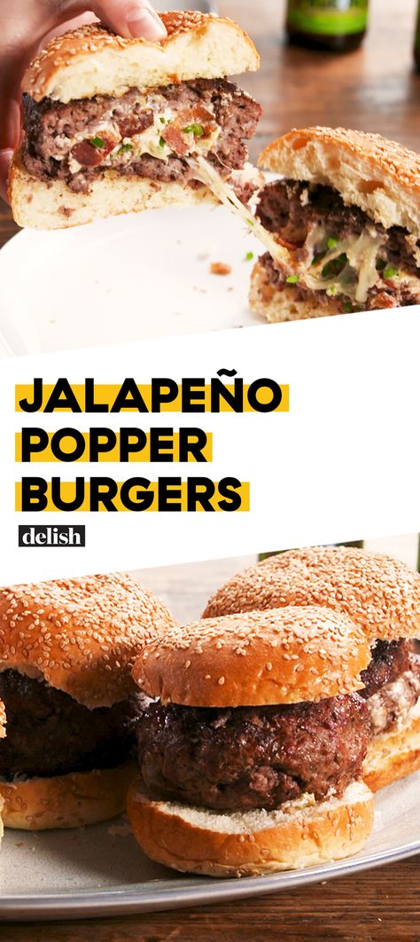 Jalapeño Popper Burgers are the sexiest thing you'll make ALL summer. Get the recipe at Delish.com. #recipe #easy #easyrecipe #burger #sandwich #cheese #groundbeef #meat Jalapeno Popper Burgers, Jalapeno Popper Burger Recipe, Popper Recipes, Sandwich Cheese, Cookout Recipes, Burger Sandwich, 2023 Recipes, Jalapeno Popper, Summer Meals