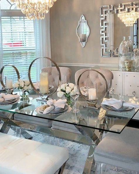 Kerry on Instagram: “💞Happy Monday💞 Hope you all had a wonderful weekend. I’m getting hardware fi… | Glass dining room table, Dining room glam, Dinning room decor Glass Dinning Room Table, Cortinas Country, Dining Room Glam, Glam Dining Room, Dining Room Console, Glass Dining Room Table, Glam Living Room, Dining Room Table Decor, Dining Room Interiors