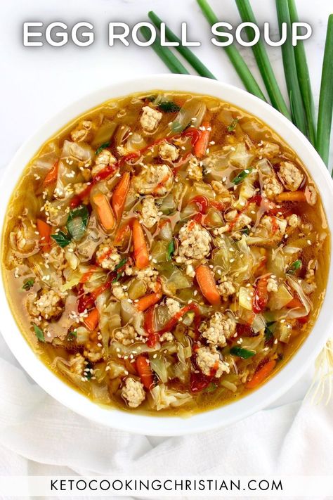 Spring Roll Soup, Egg Roll Soup Crock Pot, Eggroll Soup, Egg Roll Soup Recipe, Nutritious Soups, Egg Roll Soup, Crispy Chow Mein Noodles, Soup Sunday, Chicken Egg Rolls