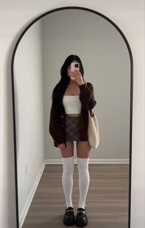 White Socks Outfit Aesthetic, White Tank Top Fall Outfit, Plaid School Skirt Outfits, Loafers And Cardigan Outfit, Brown And White Skirt Outfit, How To Style Brown Plaid Skirt, Loafers With Long Socks, Brown Skirt White Top Outfit, Brown Checked Skirt Outfit