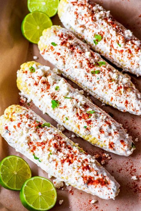 Baked Mexican Street Corn, Mexican Appetizers Easy, Mexican Corn Recipes, Corn In The Oven, Oven Roasted Corn, Mexican Street Corn Recipe, Street Corn Recipe, Mexican Appetizers, Mexican Corn