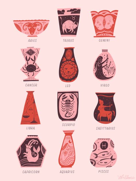 Vintage Zodiac Art, Star Sign Illustration, 12 Zodiac Signs Art, Vessel Illustration, Astrology Signs Art, Zodiac Signs Illustration, Zodiac Signs Design, Zodiac Signs Art, Zodiac Sign Illustration