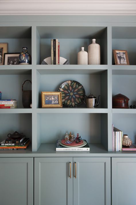 Custom built-in painted in Farrow & Ball Oval Room Blue and styled shelves. Living Room Cabinet Ideas Wall, Painted Cabinet Living Room, Colored Built In Bookshelves, Built In Bookshelves With Painted Backs, Blue Office Bookshelves, Painted Cabinets Living Room Built Ins, Blue Living Room Cabinets, Living Room Shelves And Cabinets, Painted Bookcase Built In