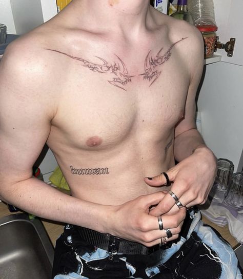 Tattoo Ideas Male Chest, Men Y2k Tattoo, Pisces Men Tattoo, Don't Forget Tattoo, Ethereal Tattoos Men, Cybersigil Chest Tattoo, Collarbone Tattoo Grunge, Collarbone Tattoos For Men, Chest Man Tattoo