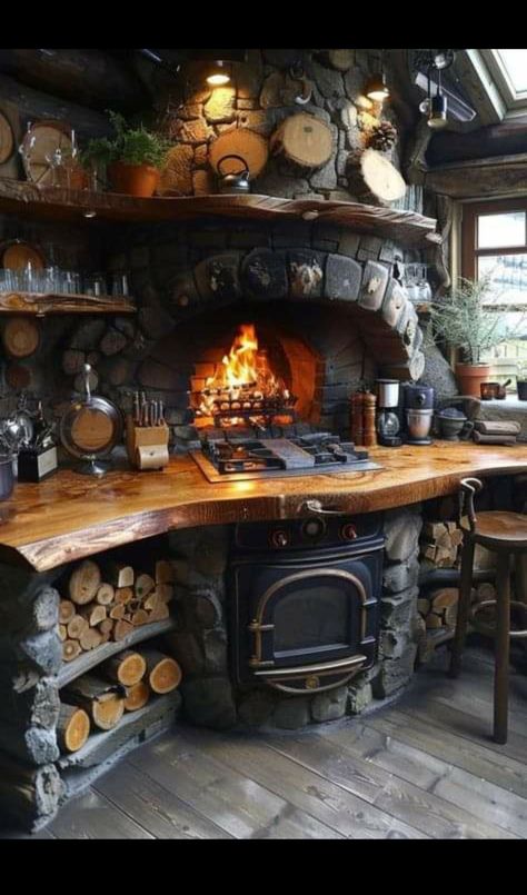 Wood Stove Flooring Ideas, Cooking Fireplace In Kitchen, Elmira Stove Works, Wood Stove Decorating Ideas, Viking Interior, Witch Cottage Interior, Medieval Farmhouse, Cottagecore Kitchen Decor, Black Cottagecore