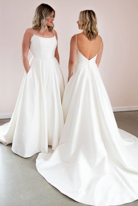 Satin Long Prom Dress, Prom Dress White, Deb Dresses, Wedding Dress With Pockets, Back Wedding Dress, Wedding Dresses Satin, Satin Wedding, Long Wedding Dresses, Simple White