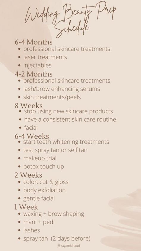 Wedding Beauty Prep Schedule Day Of Wedding Tips, Wedding Invite Checklist, Wedding Self Care Checklist, Wedding Glow Up Plan, Wedding Week To Do List, Inside Wedding Ideas Decoration, Wedding Schedule Ideas, Wedding Skin Prep Timeline, Skin Prep For Wedding