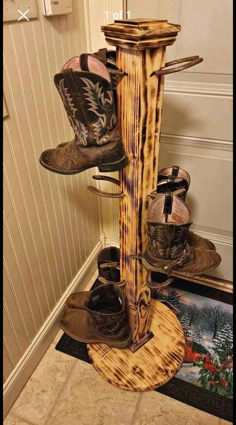 Saddle Crafts Ideas, Diy Western Crafts To Sell, Horse Tack Decor, Boot Wall, Minwax Stain Colors, Horseshoe Ideas, Country Western Decor, Wood Log Crafts, Horseshoe Crafts Projects