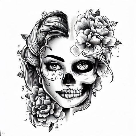 half woman half skull tattoo A tattoo design of a beautiful girl with half her face as a skull and the other half as face, flowers, Half Women Half Skull Tattoo, Half Skull Half Woman Face Tattoo, Best Friend Skull Tattoos, Female Sugar Skull Tattoo, Tattoos Of Women Faces, Half Woman Face Tattoo, Half Face Tattoo Ideas, Womens Face Tattoo Design, Women Skull Tattoo Ideas