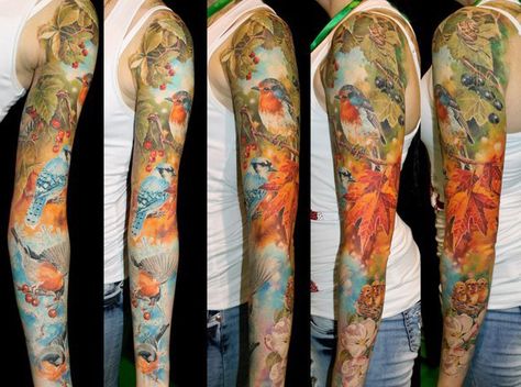 Changing seasons tattoo sleeve idea for girl Natur Tattoo Arm, Mother Nature Tattoos, Nature Tattoo Sleeve, Girl Arm Tattoos, Nature Tattoo, Skeleton Hand Tattoo, Sleeves Ideas, Best Sleeve Tattoos, Realism Tattoo