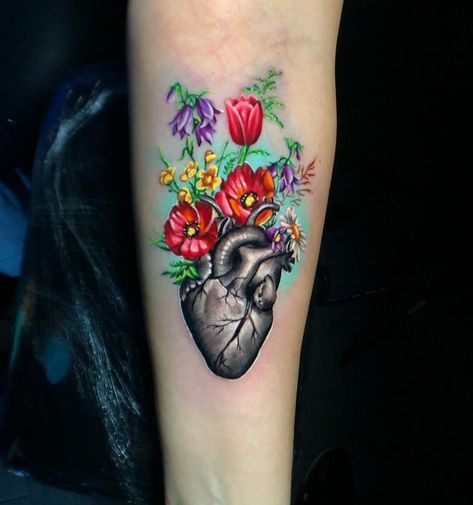 Tattoo design Heart Filled With Flowers Tattoo, Heart Transplantation Tattoo, Heart Tattoo With Flowers, Heart With Flowers Tattoo, Helix Tattoo, Heart Flower Tattoo, Moms Tattoo, Anatomical Tattoos, Tin Tan