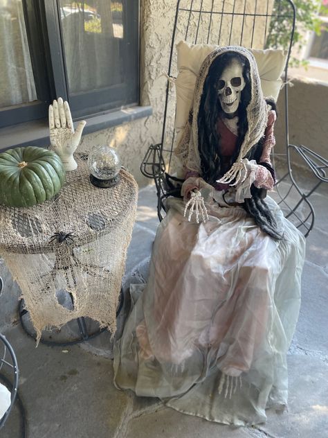 Lady Skull reads palms for Halloween porch decor Skeleton Witch Decorations, Halloween Bench Decor Outdoor, Skeleton Poses, Life Size Skeleton, Halloween Porch Decor, Diy Bench Outdoor, Halloween Figures, Vip Bigbang, Spooky Skeleton