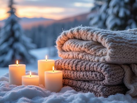 A stack of chunky knit blankets in soft neutral tones, styled with glowing candles, set outdoors against a snowy backdrop and a serene winter sunset. Cozy Winter Home, Hygge Winter, Blankets Cozy, Chunky Knit Blankets, Cozy Hygge, Knit Blankets, Winter Evening, Winter Comfort, Winter Home