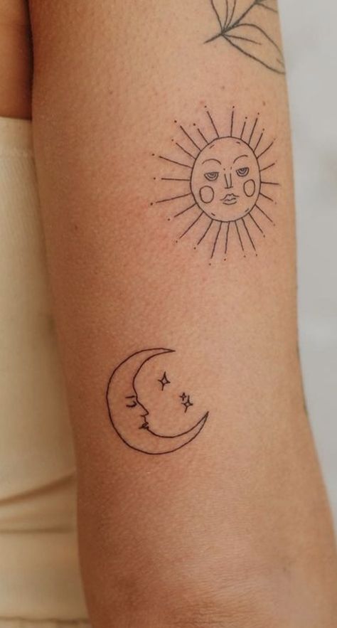 Sun Hip Tattoos Women, Sun And Moon Card Tattoo, Tattoos For Earth Signs, Small Round Tattoos, Moonface Tattoo, Winter Solstice Tattoo, Small Arm Tattoo Ideas, Small Feminist Tattoos, Boho Tattoos For Women