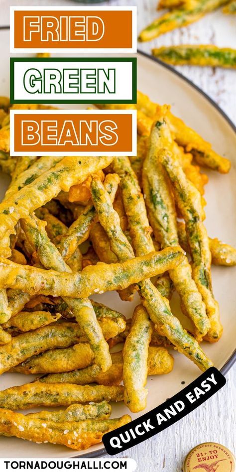 These Fried Green Beans from Tornadough Alli are an easy and tasty appetizer! They require minimal ingredients, are tasty, fun, and perfect for any occasion. They would be great served at your upcoming football parties. But, they are easy enough to serve any day of the week as well. Green Beans Appetizer, Crispy Air Fried Green Beans, How To Fry Green Beans, Green Bean Snacks, Deep Fried Green Beans Recipe, What To Do With Fresh Green Beans, Pole Bean Recipes, Fried Beans Recipe, Sides For Fried Chicken