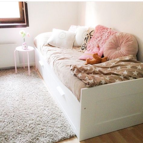 Brimnes daybed Brimnes Daybed Ideas, Ikea Brimnes Daybed, Daybed Ikea, Brimnes Daybed, Brimnes Bed, Toronto Apartment, Cream Bedrooms, Cosy Room, Guest Room Office