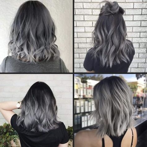 Ash Short Hair Color, Steel Grey Balayage, Short Black Hair With Grey Balayage, Black Silver Ombre Hair Short, Gray Tips Hair, Dark Grey Hair Charcoal Short, Gray Balayage On Dark Hair Short, Ombré Silver Hair, Silver Ash Hair Color