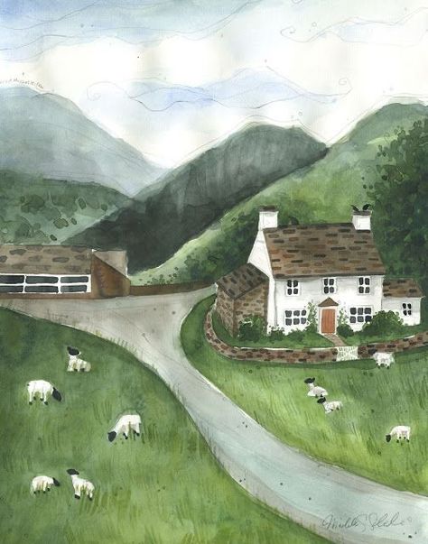 Irish Farm, Farm Landscape, Irish Cottage, Irish Landscape, Canvas For Beginners, Cottage Art, Irish Art, Whimsical Illustration, Landscape Illustration