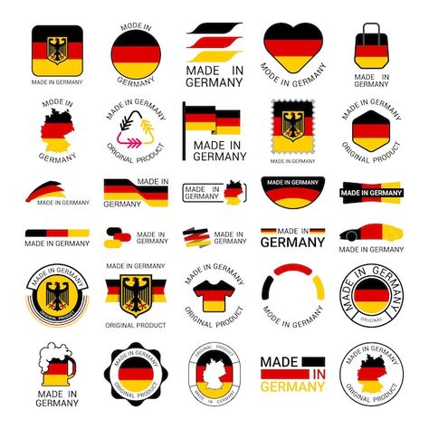 Collection of stickers of made in german... | Premium Vector #Freepik #vector #label-logo #logo-sticker #badge-logo #stamp-logo German Logo Design, Logo German, Own Logo Design, Badge Logo Design, German Stamps, Branding Moodboard, Sport Shirt Design, Stamp Logo, German Flag