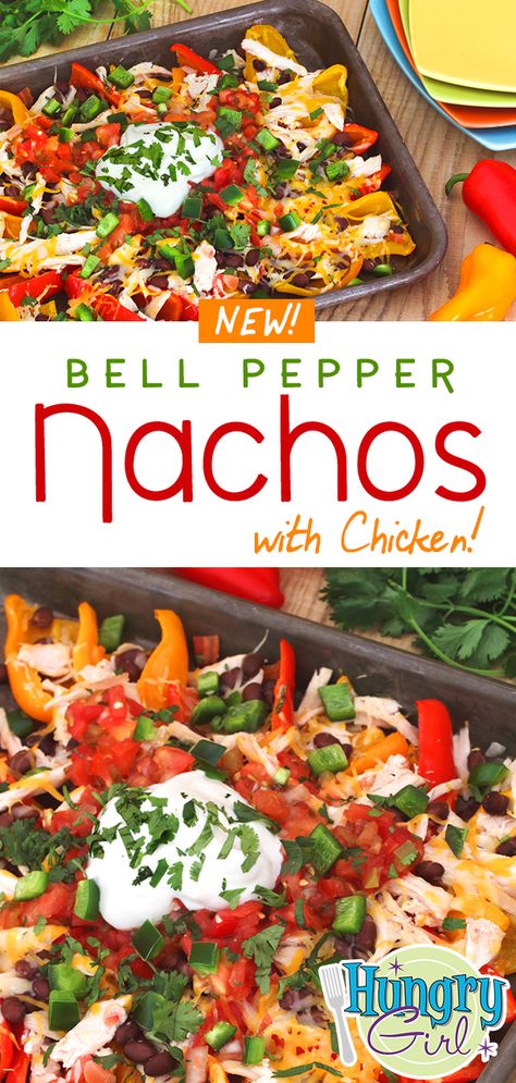 Chicken Bell Pepper Nachos + More Healthy Nacho Recipes | Hungry Girl Healthy Nacho, Chicken Bell Pepper, Bell Pepper Nachos, Pepper Nachos, Nacho Recipes, Healthy Nachos, Hungry Girl Recipes, Bell Pepper Recipes, Chicken Nachos