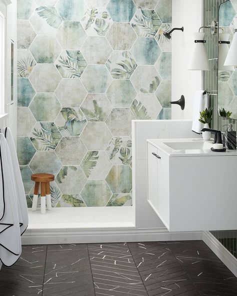 Featuring a mix of tonal and patterned tiles, these tropical tiles create a refreshing and vibrant approach to adding pattern into your space. Tropical Tile, Botanical Bathroom, Tropical Bathroom, Floor Trim, Tile Trends, Bathroom Tile Designs, Deco Originale, The Tile Shop, Shower Tile Designs