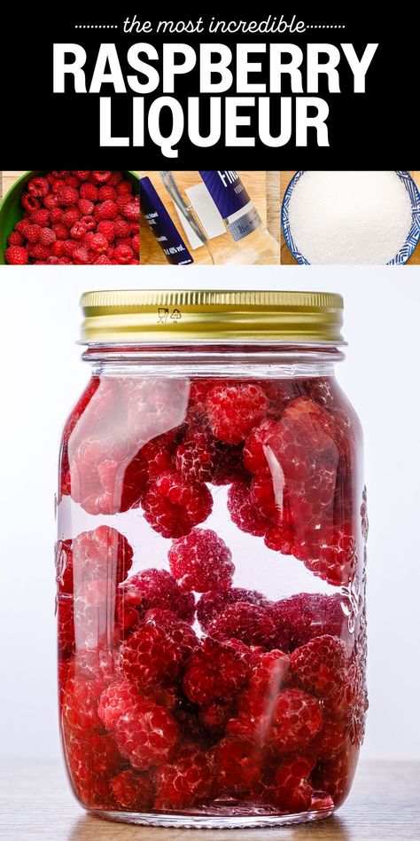 If you're looking for a super easy (and yummy) raspberry infused vodka to use in cocktails or just drink by itself, this raspberry liqueur recipe is the bomb. Raspberry Infused Vodka, Raspberry Moonshine Recipes, Raspberry Wine Recipe, Raspberry Liquor, Homemade Liqueur Recipes, Mexican Sweets, Raspberry Desserts, Homemade Liquor, Recipes Restaurant