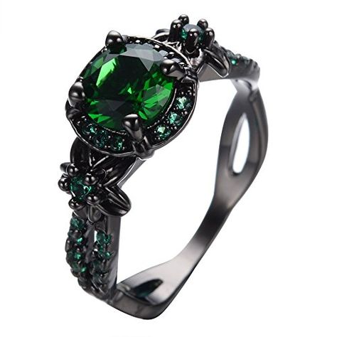 Bamos Womens Green Emerald Round Diamond And Edge Of FlowerShaped Black Gold Wedding Rings Size 6 ** Read more reviews of the product by visiting the link on the image. Black Sapphire Ring, Gothic Wedding Rings, Gothic Engagement Ring, Skull Engagement Ring, Emerald Wedding Band, Black Gold Wedding, Smaragd Ring, Black Gold Ring, Black Engagement Ring