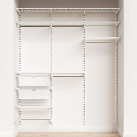 Low Shelves For Closet, Closet Shelves Kids, Wire Shelves In Master Closet, Pretty Closet Shelves, In Wall Storage Between Studs Closet, Linen Closet Storage Systems, Closet Storage With White Wire Shelving, Long Narrow Closet Shelves, Above Closet Door Shelf